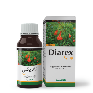 A bottle of Diarex Syrup for natural relief from diarrhea and dysentery.