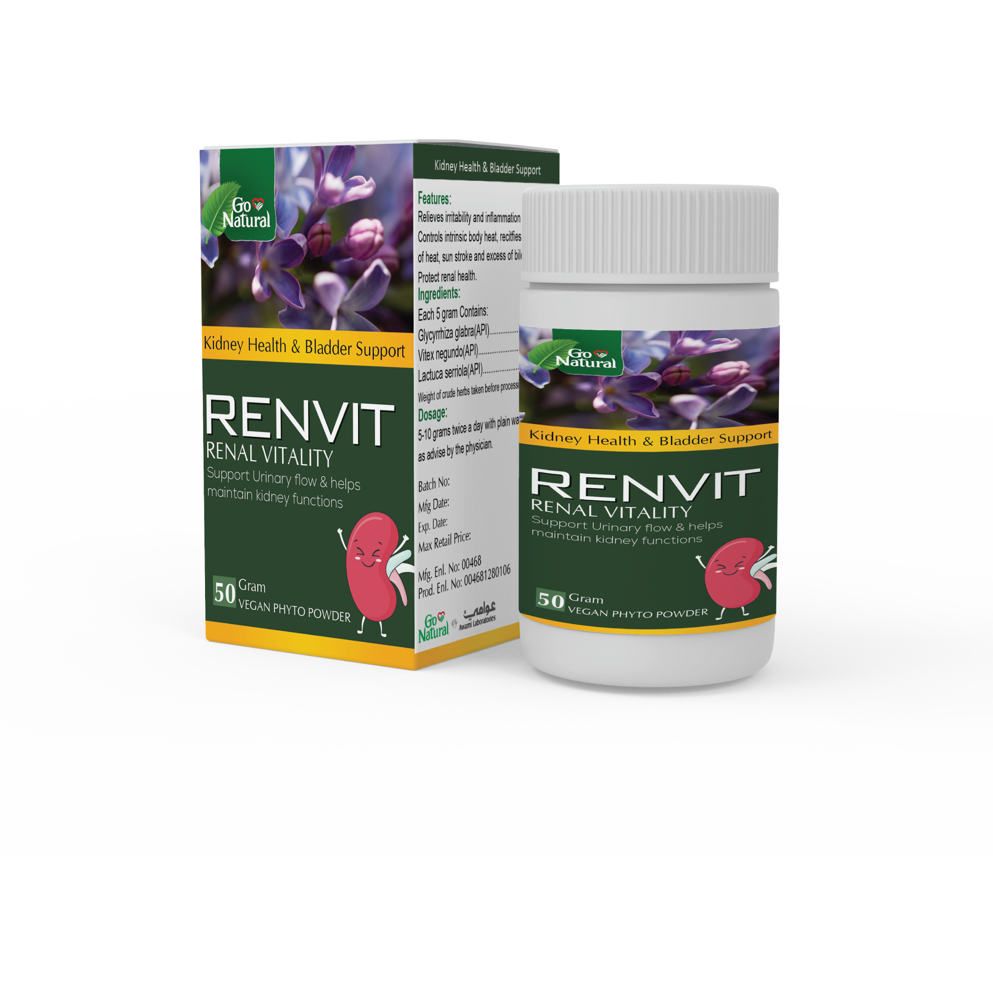 A bottle of Renvit Powder for kidney strengthening and urinary health protection.