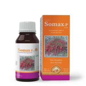 Somax-P Syrup 120ml bottle and box packaging for cough, cold, and phlegm relief.
